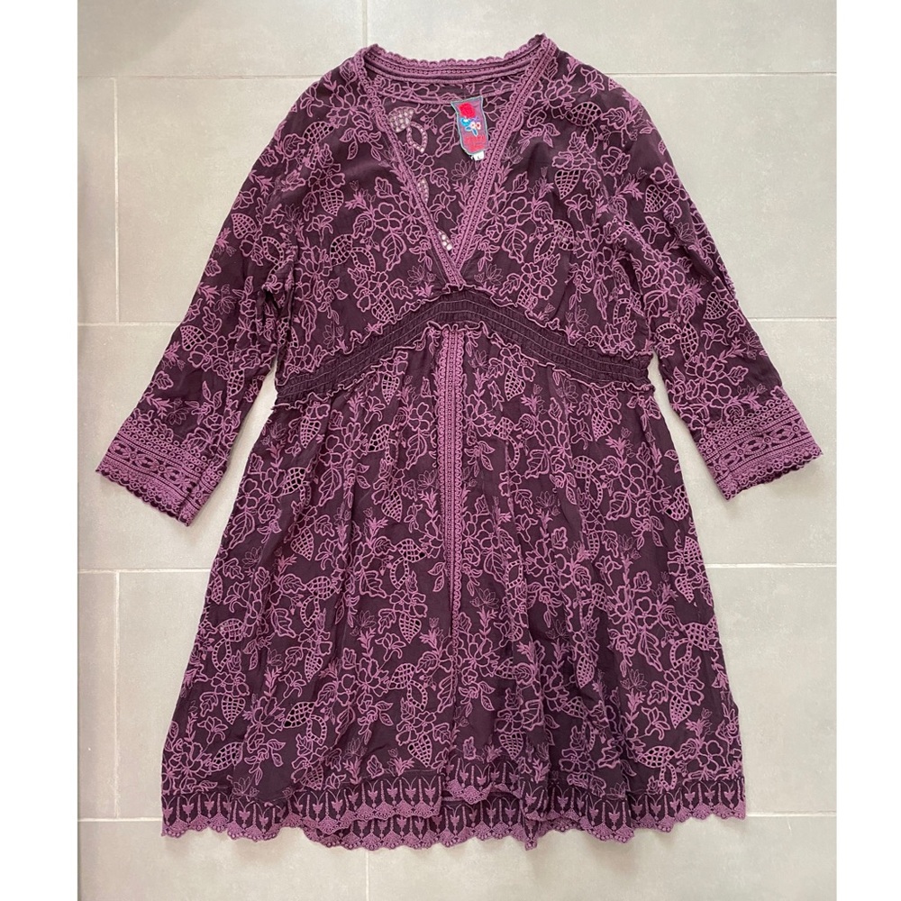 Johnny Was Vintage Cupro Eyelet Lace Mini Dress